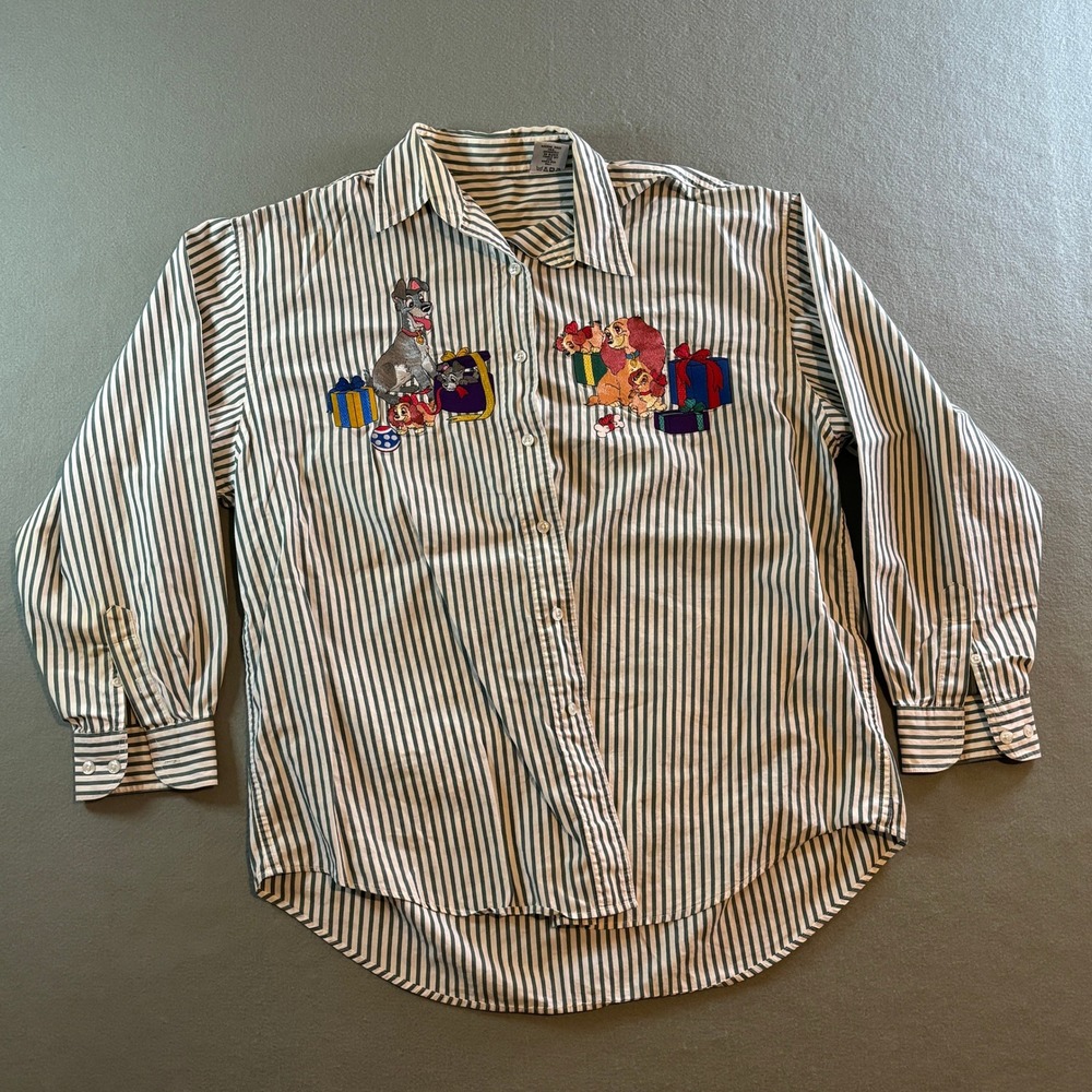 VTG Disney Lady and the Tramp Striped Shirt Mens XL Green White Christmas 90s